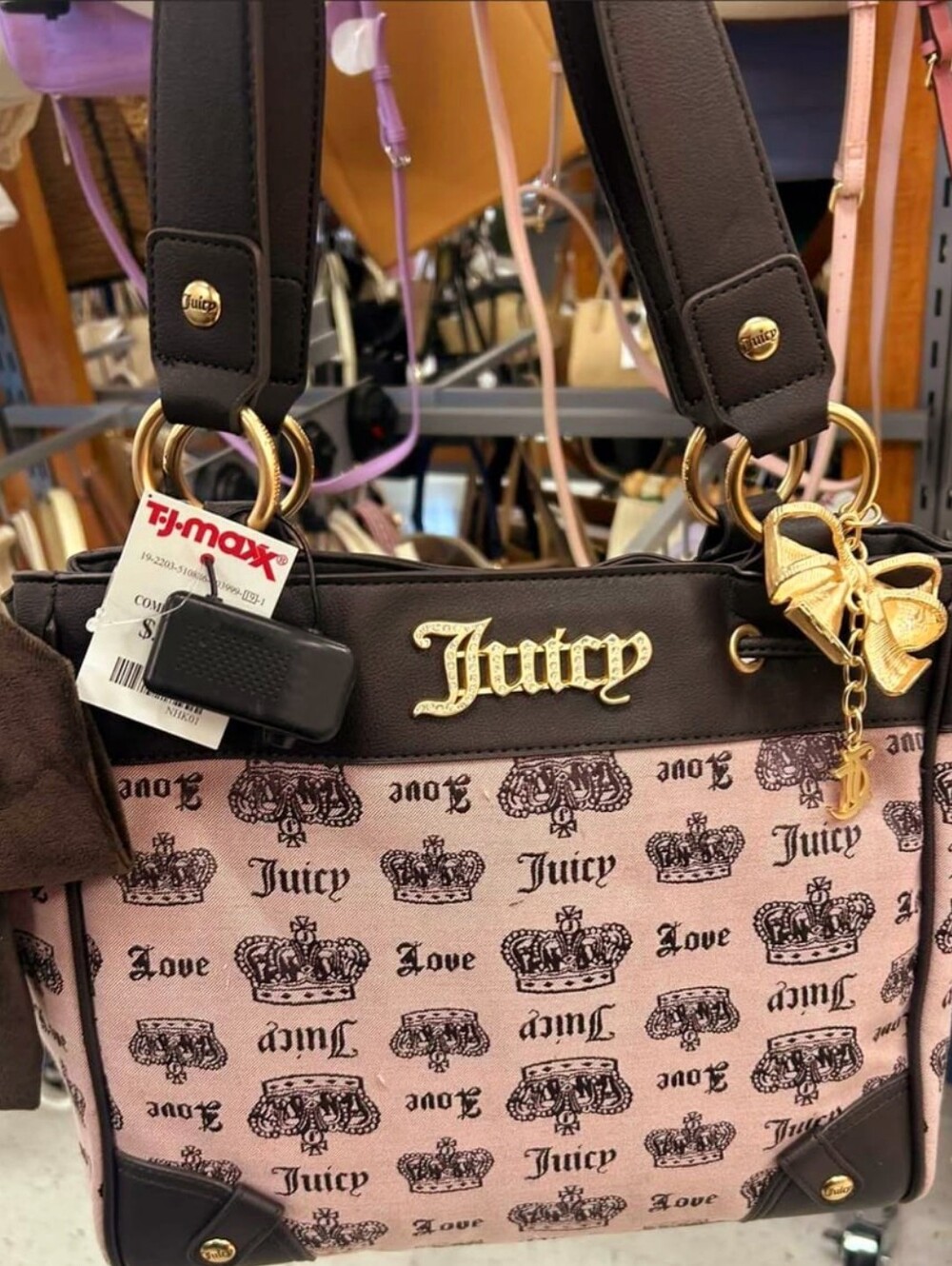 Juicy Couture Pink and Black Logo Drawstring Shoulder Bag with Gold Bow Charm